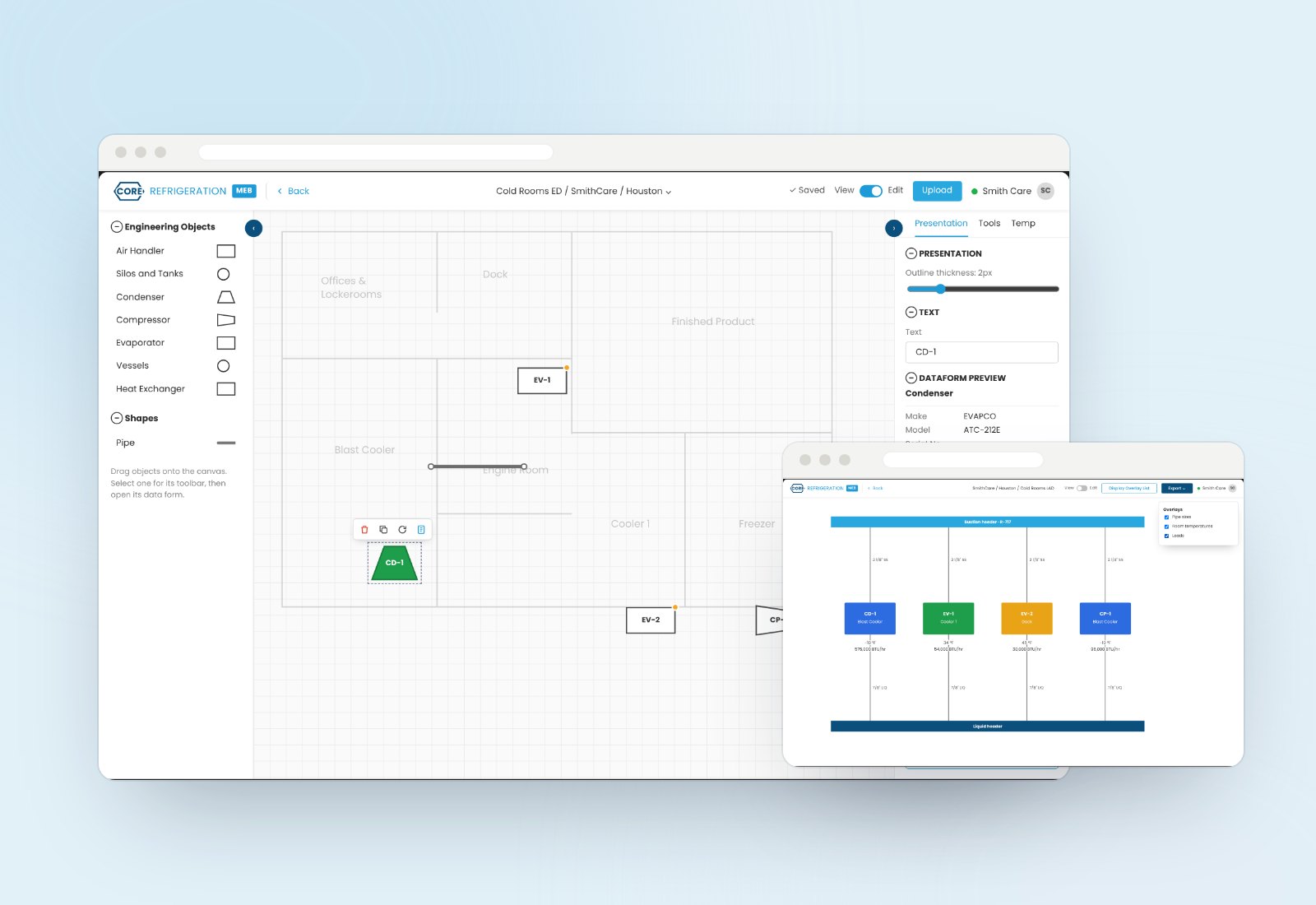 CORE drawing canvas with engineering objects and a data form preview