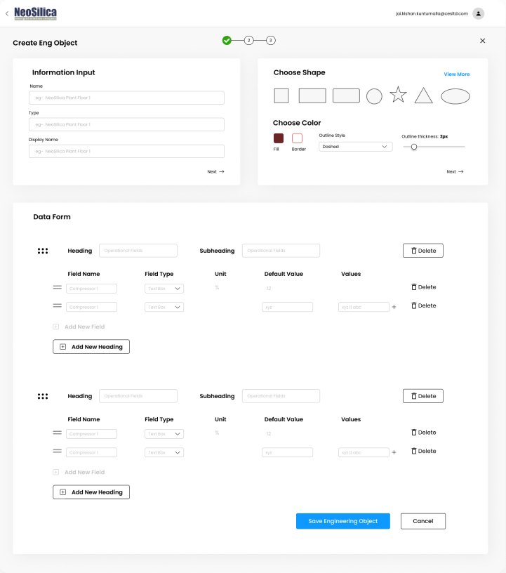 Wireframe of creating an engineering object with a data form