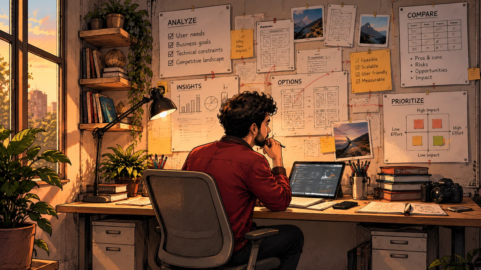 Illustration: Jai at his desk, the wall behind him pinned with analyze, compare, prioritize notes