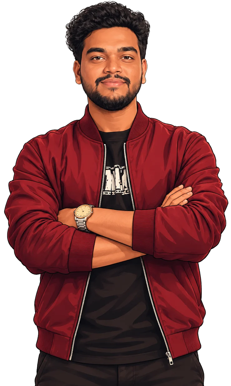 Jai Kishan in a red bomber jacket, arms crossed